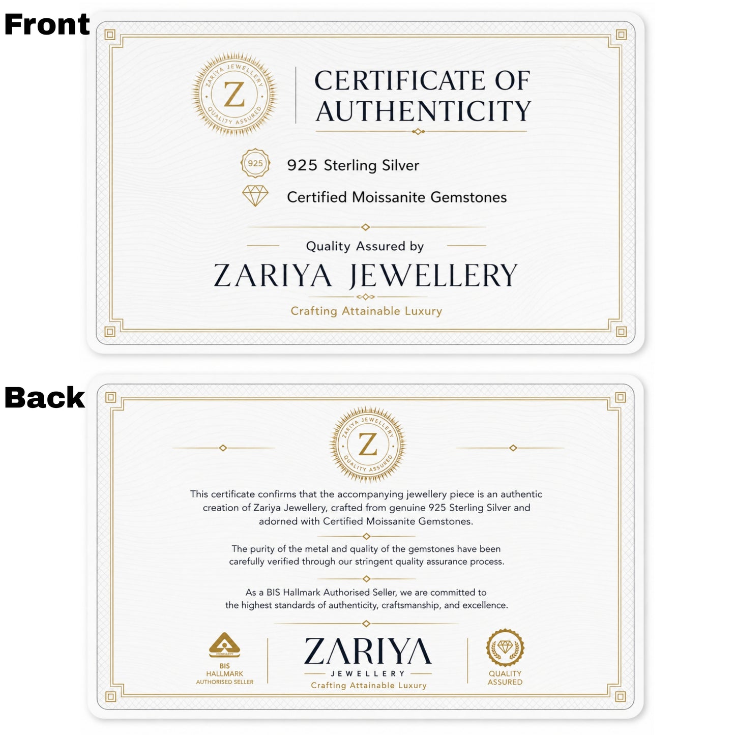 Zariya Jewellery certificate of authenticity with branding and product details
