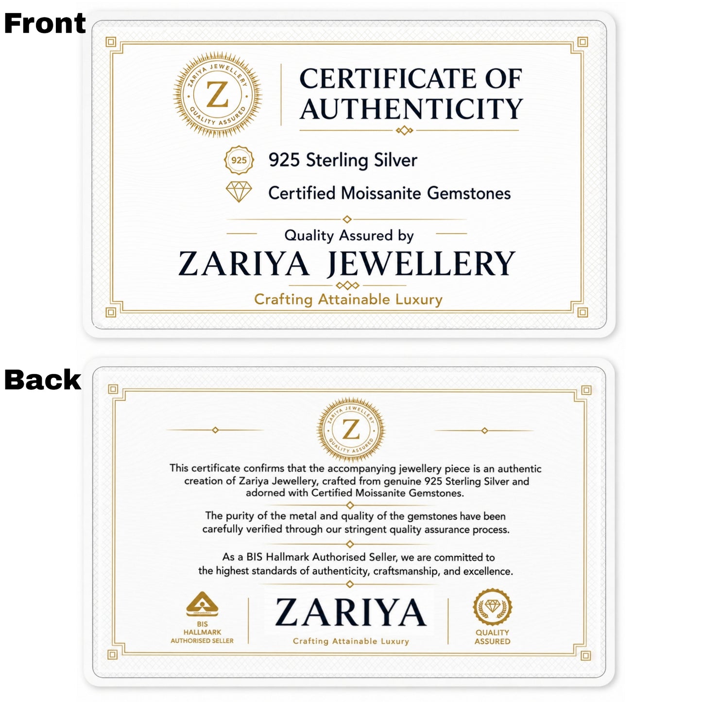 Zariya Jewellery certificate of authenticity with branding and product details