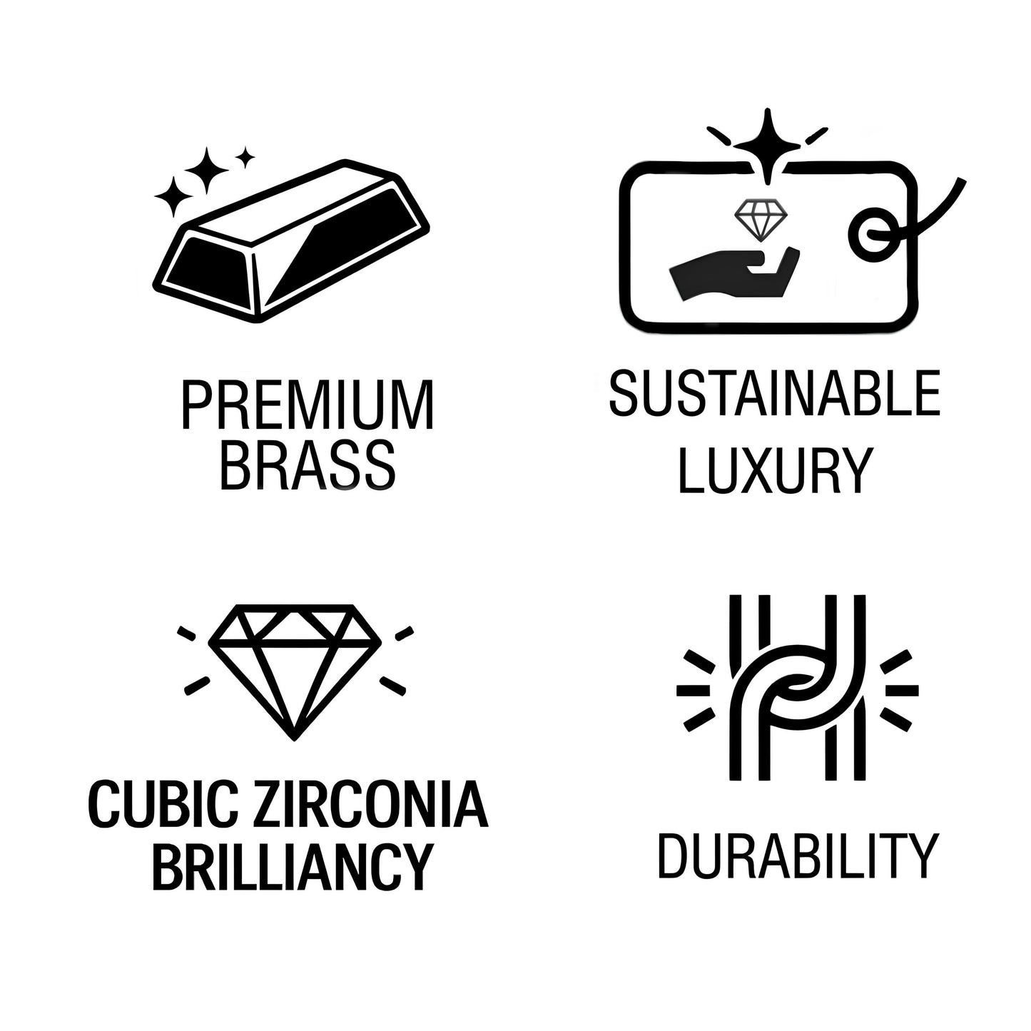 Set of icons and text highlighting features like premium brass, sustainable luxury, cubic zirconia brilliancy, and durability