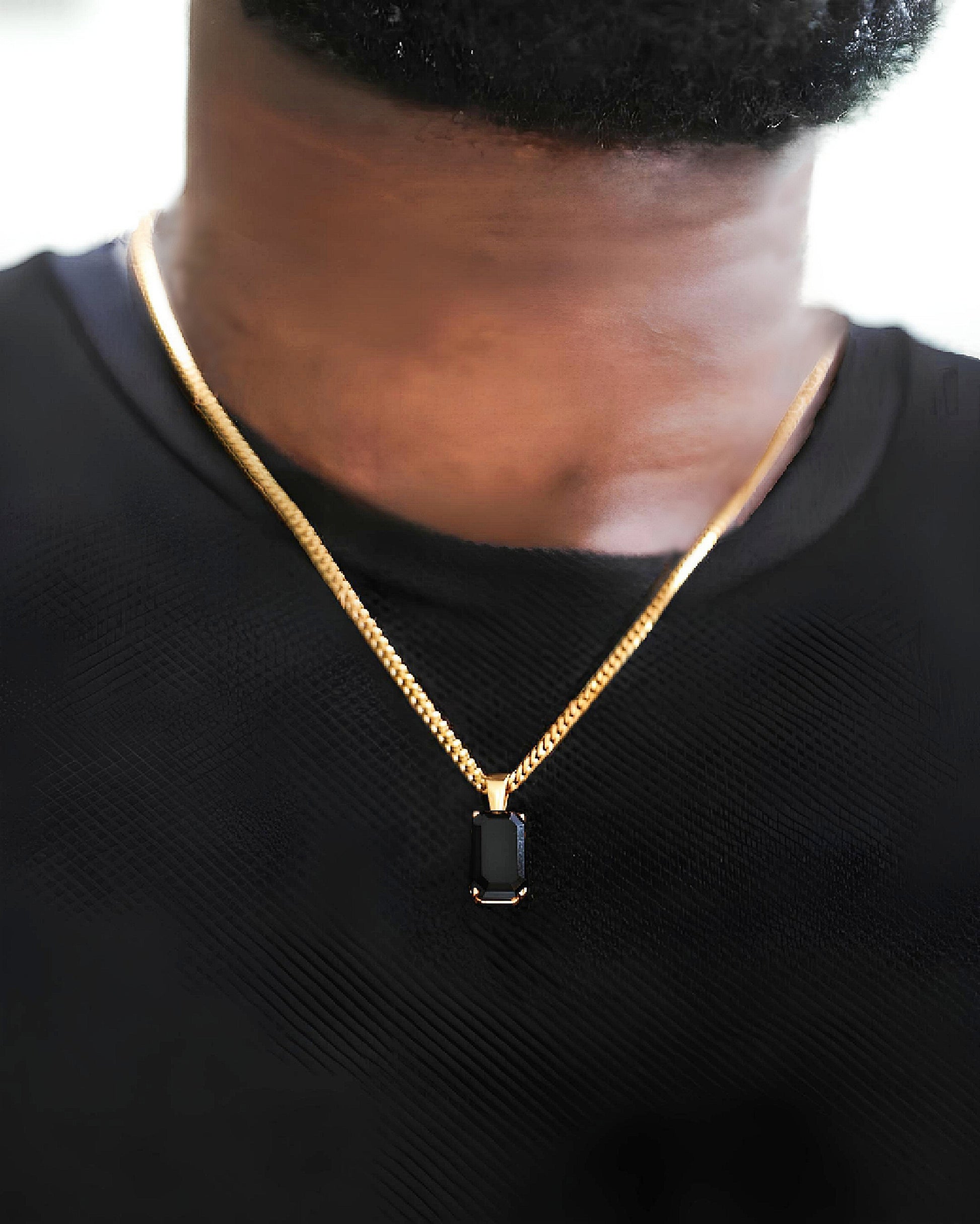Black Stone Chain Pendant Necklace For Men, Gold Plated in 925