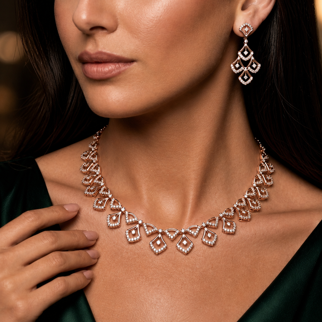 Close-up of a woman wearing a diamond necklace and earrings.