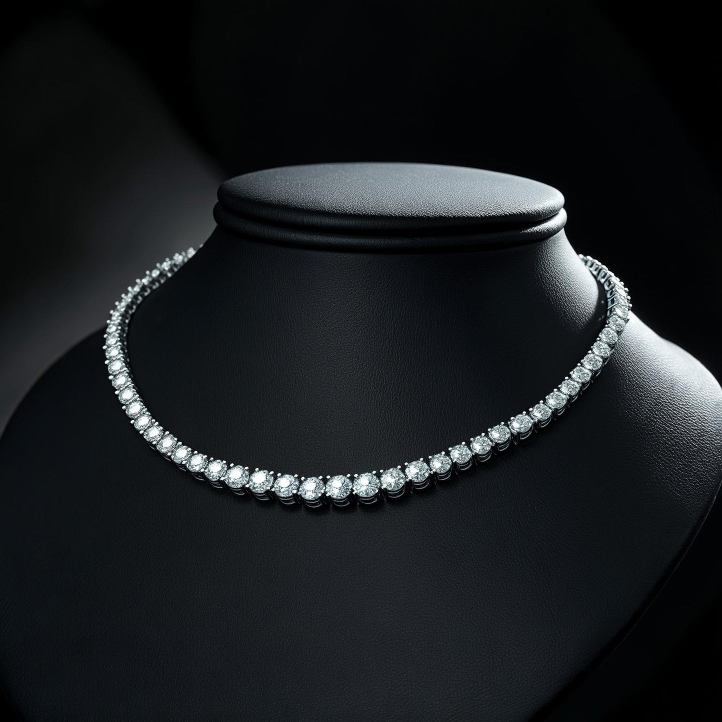 Diamond necklace on a black mannequin bust with a dark background