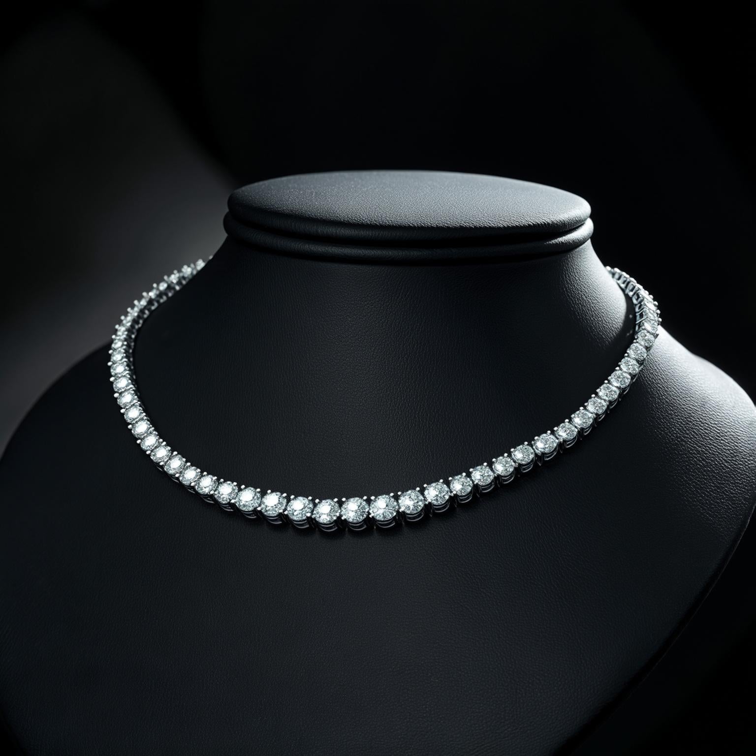 Diamond necklace on a black mannequin bust with a dark background