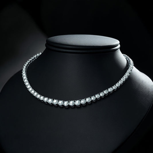 Diamond necklace on a black mannequin bust with a dark background