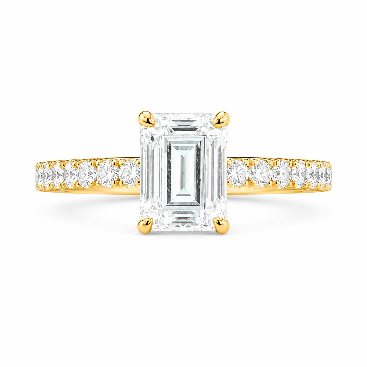 Emerald-cut diamond engagement ring with a yellow gold band paved with small round diamonds