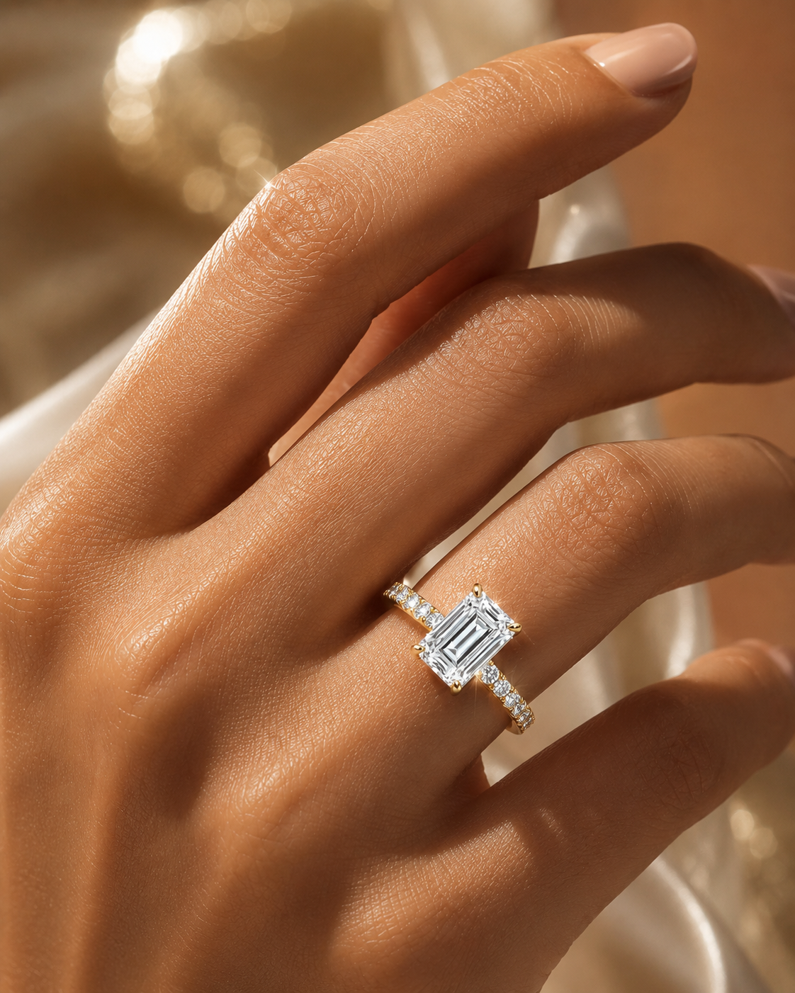 hand wearing a silver ring with a rectangular emerald-cut center stone and small accent stones along the band