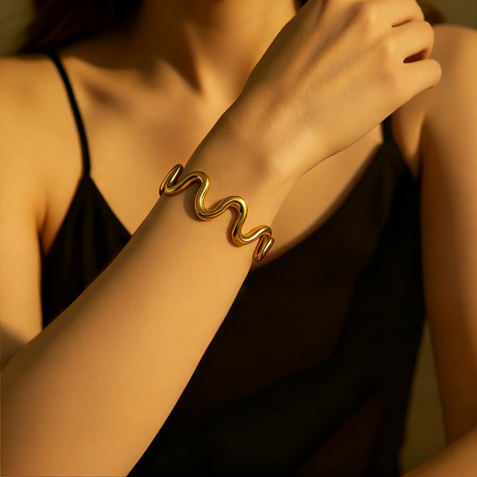 Gold Stainless Steel Wave Cuff Minimalist