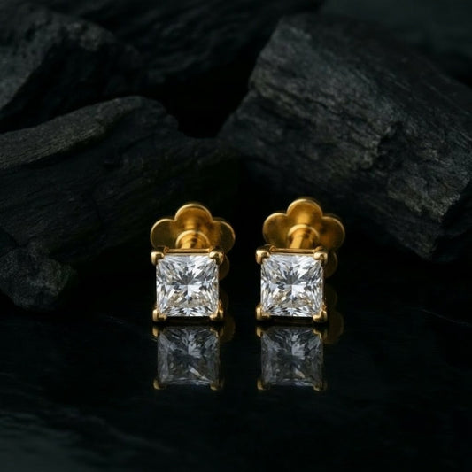 Gold flat back earrings with clear gemstones princess cut
