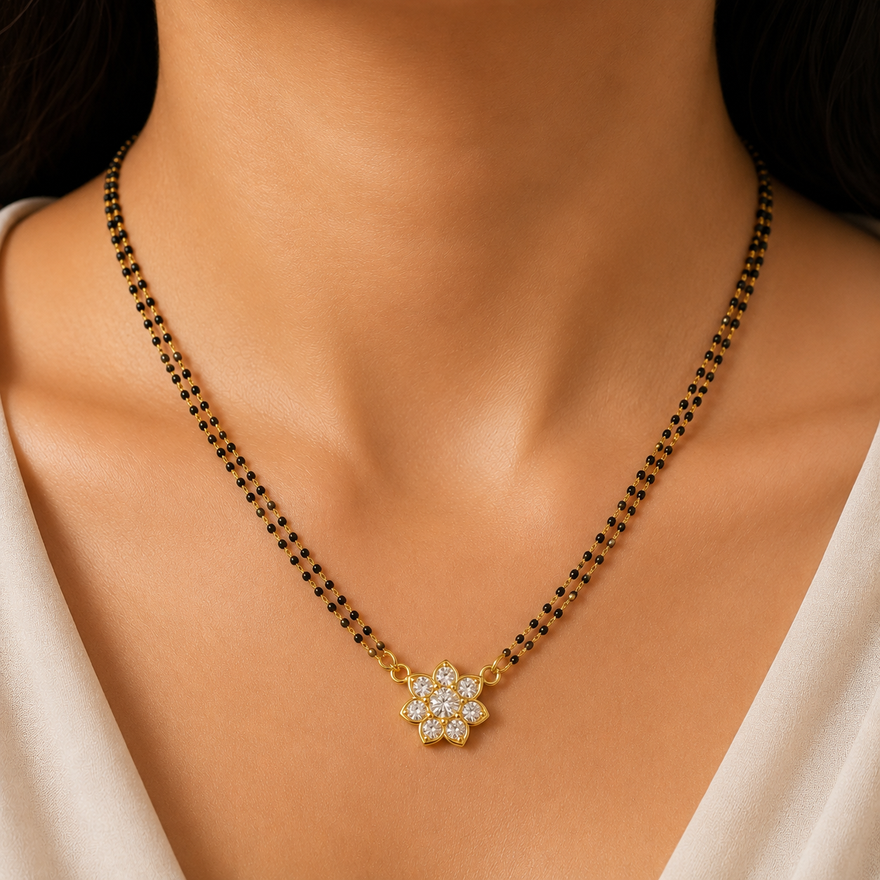 Mangalsutra wearing a delicate black beaded necklace with a gold flower-shaped pendant set with clear stones.