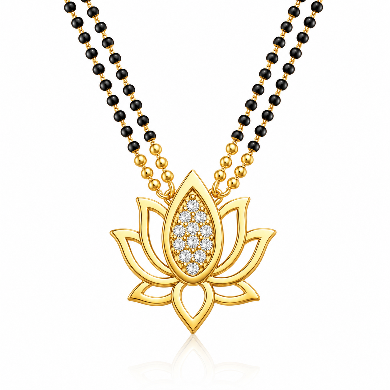Gold lotus pendant necklace with a black and gold beaded chain mangalsutra 