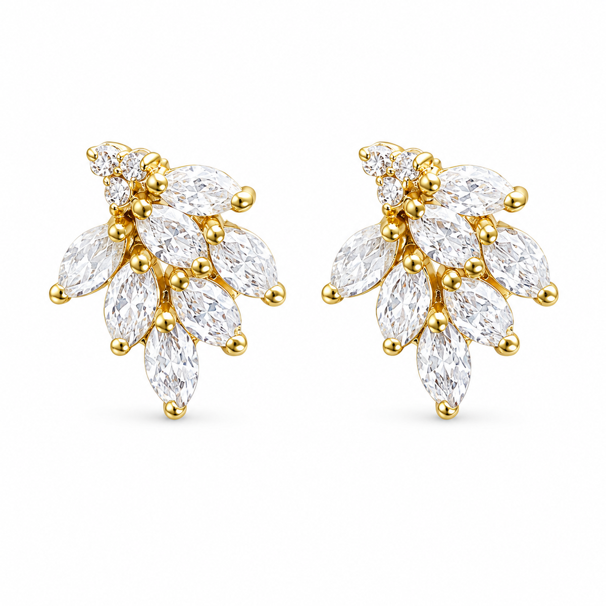 Grape gold leaf-shaped stud earrings set with marquise-cut clear gemstones