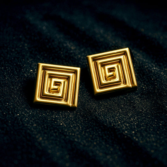 Greek Key Meander Gold Stud Statement Earrings Stainless Steel