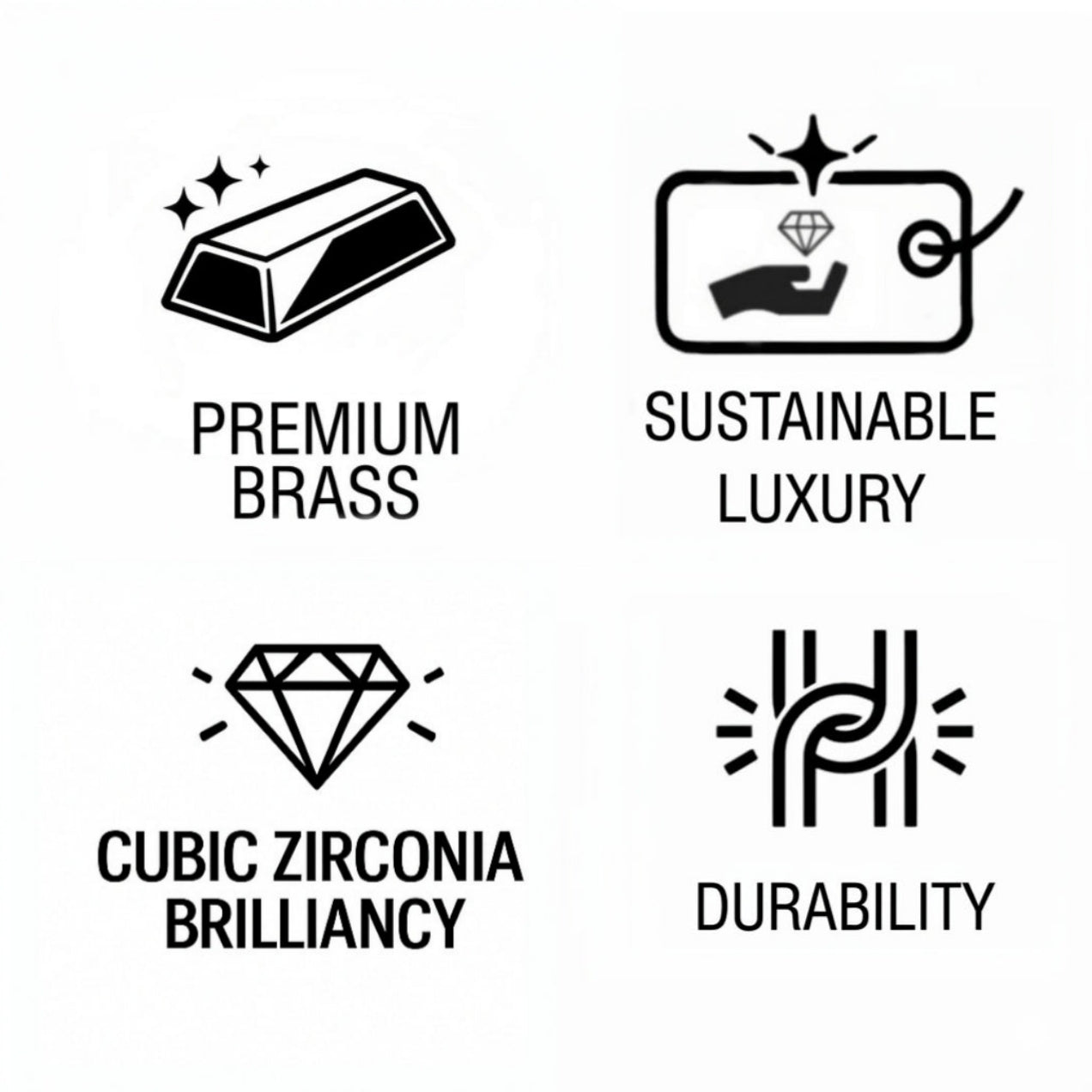 Four black icon-style badges on a white background with text: a gold bar labeled PREMIUM BRASS, a hand holding a diamond tag labeled SUSTAINABLE LUXURY, a diamond labeled CUBIC ZIRCONIA BRILLIANCY, and a durability symbol labeled DURABILITY.