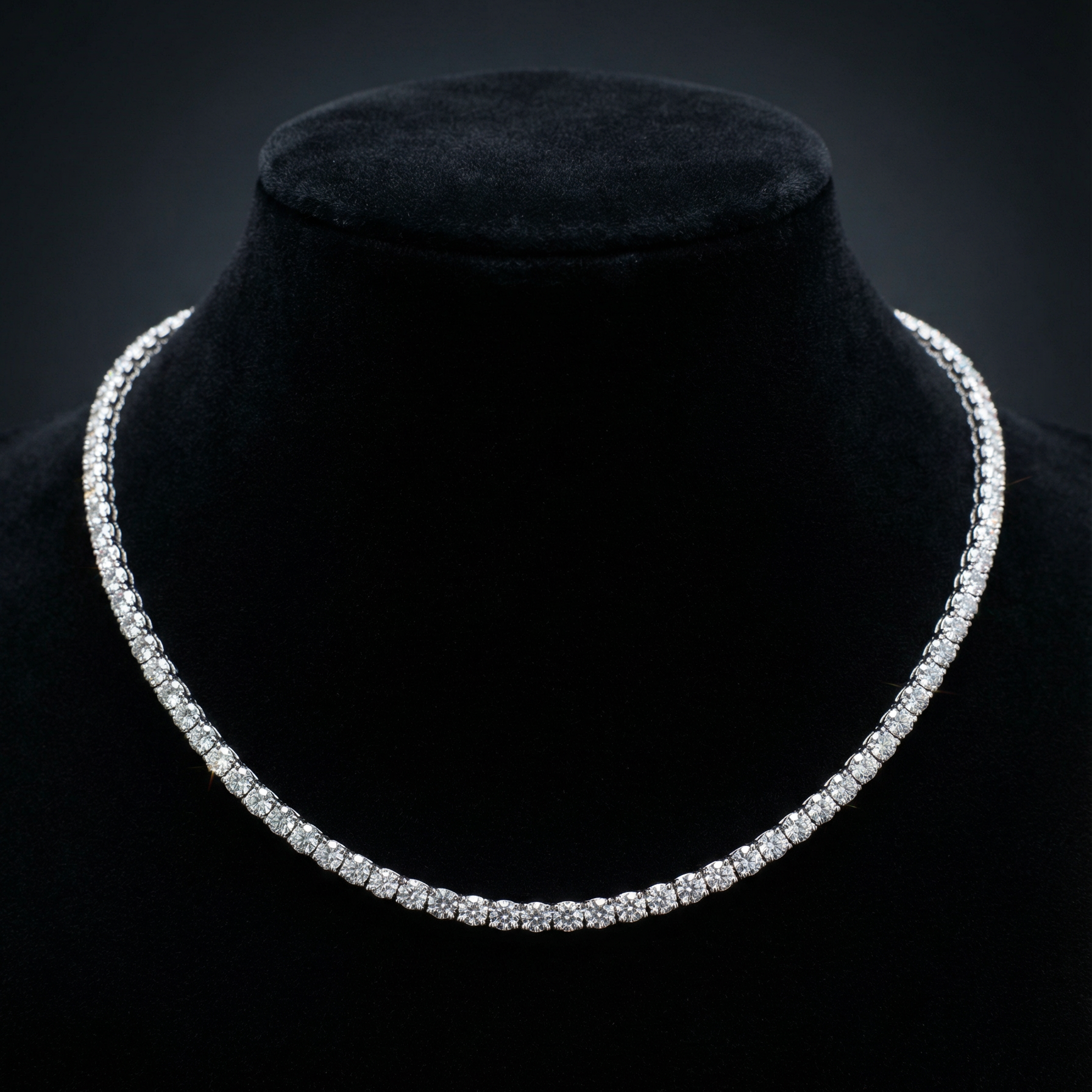 Diamond necklace on a black velvet stand against a dark background