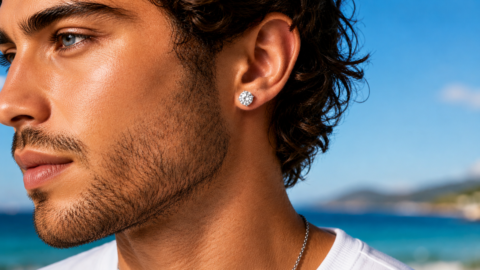 Man wearing moissanite diamond earring