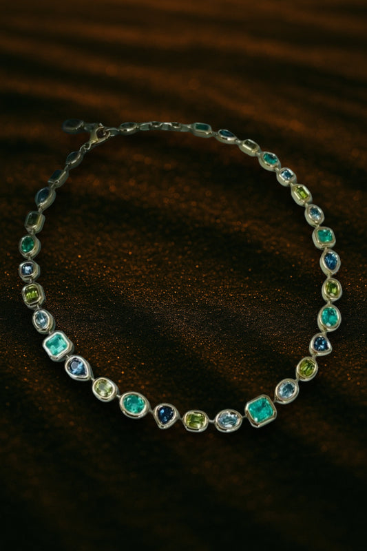 Multicolored gemstones thick bezels vintage statement necklace 