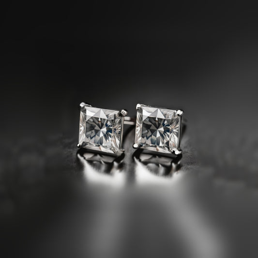 Princess cut studs silver earrings 