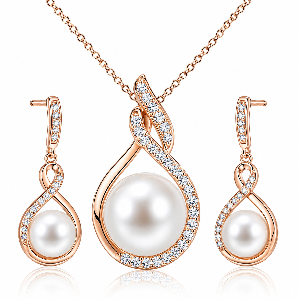 Rose gold jewelry set featuring a teardrop pendant necklace, matching drop earrings, and a chain, each with a large white pearl