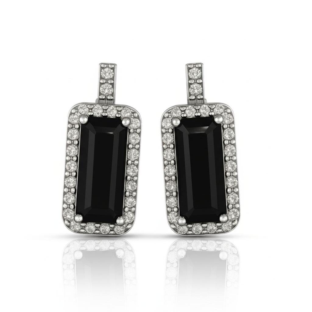 Sterling Silver Black Baguette Stud Bold Statement Earrings 