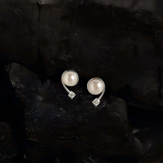 Sterling Silver Studs with Pearl and Moissanite Diamond front shot
