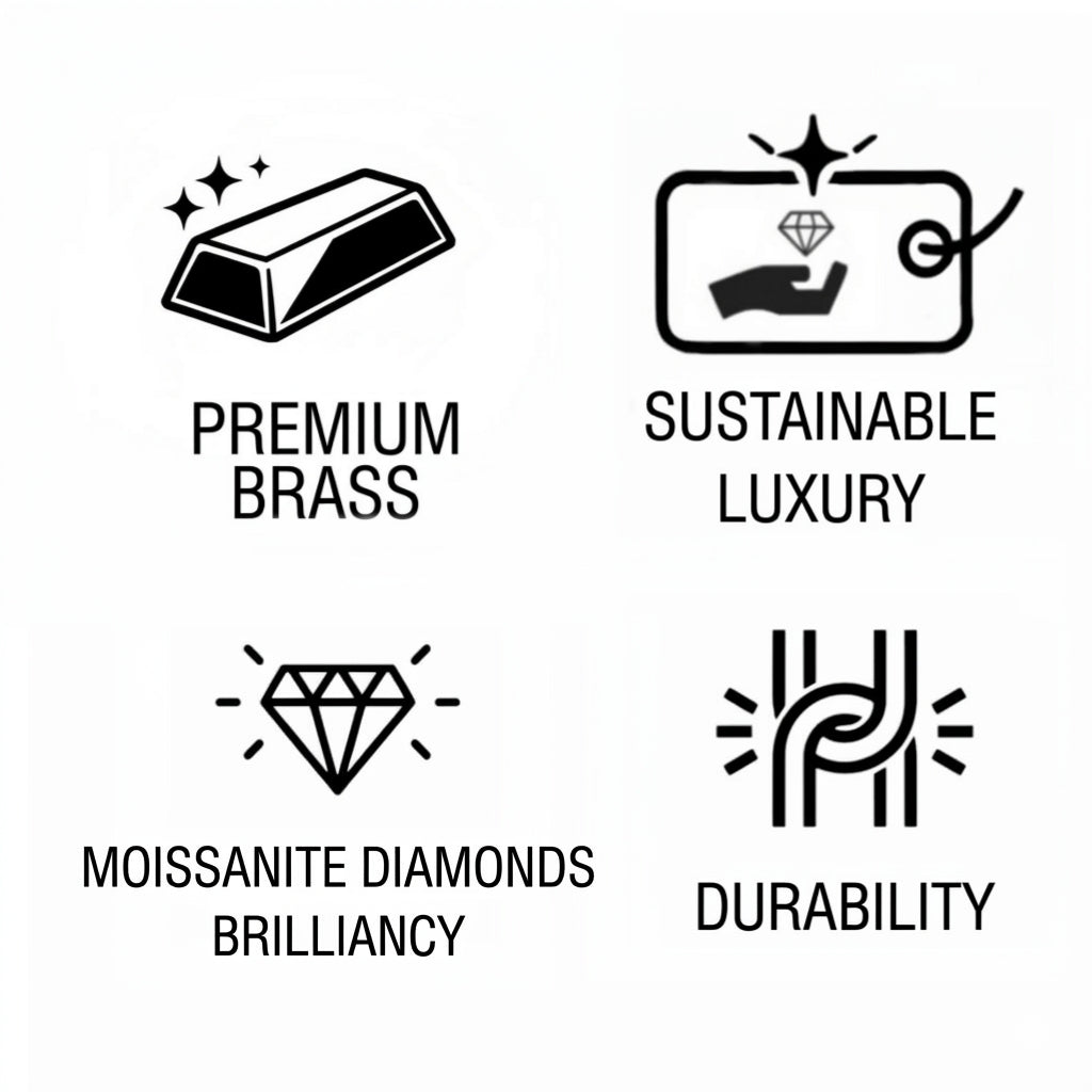 Set of icons and text highlighting features like premium brass, sustainable luxury, moissanite diamonds, and durability on a white background.