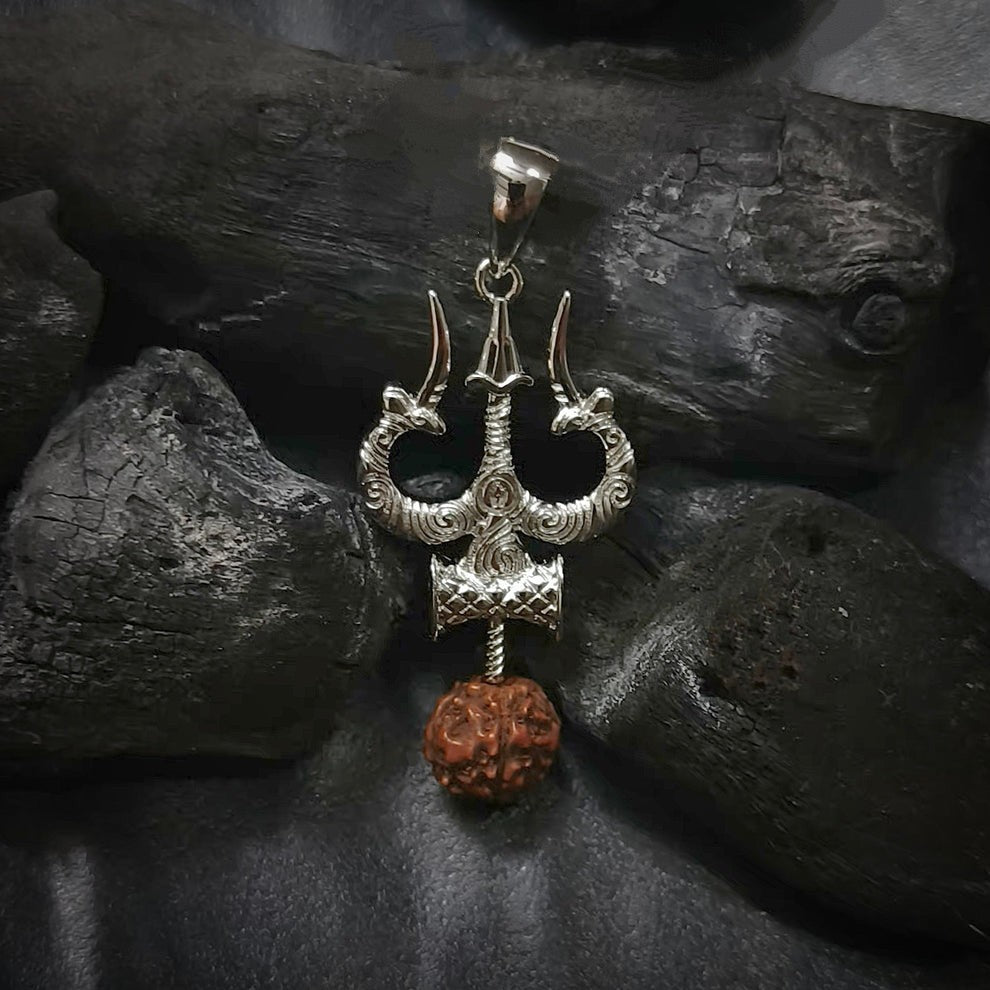 Trishul Damru Rudraksha Sterling Silver Necklace