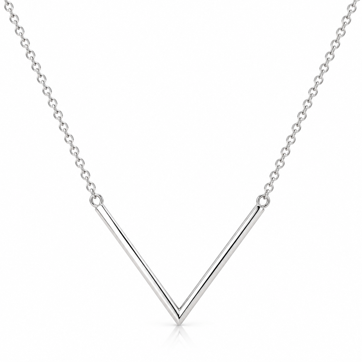 A silver V-shaped bar necklace with a delicate link chain, shown on a clean white background.