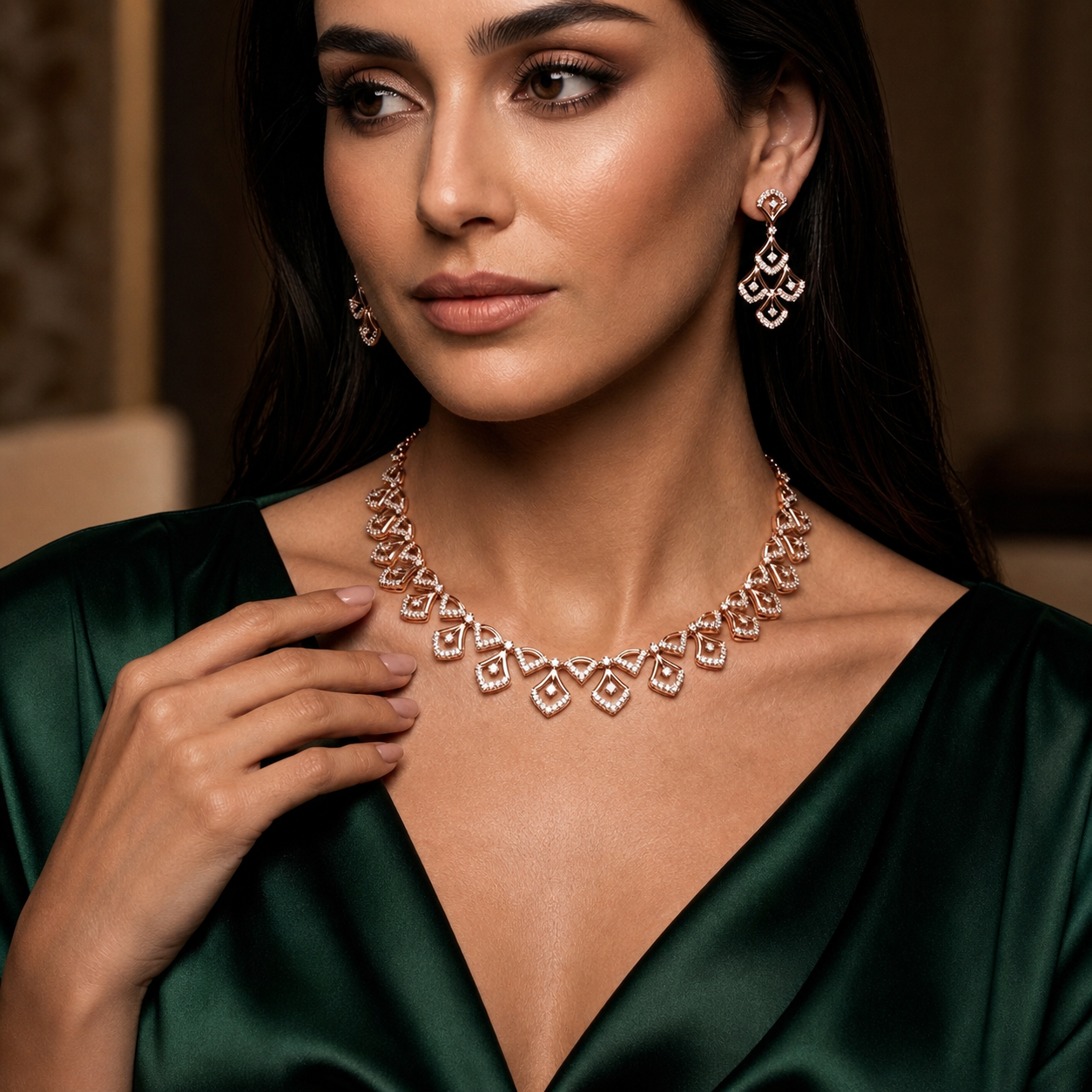 Woman wearing a rose gold necklace and earrings with a green dress.
