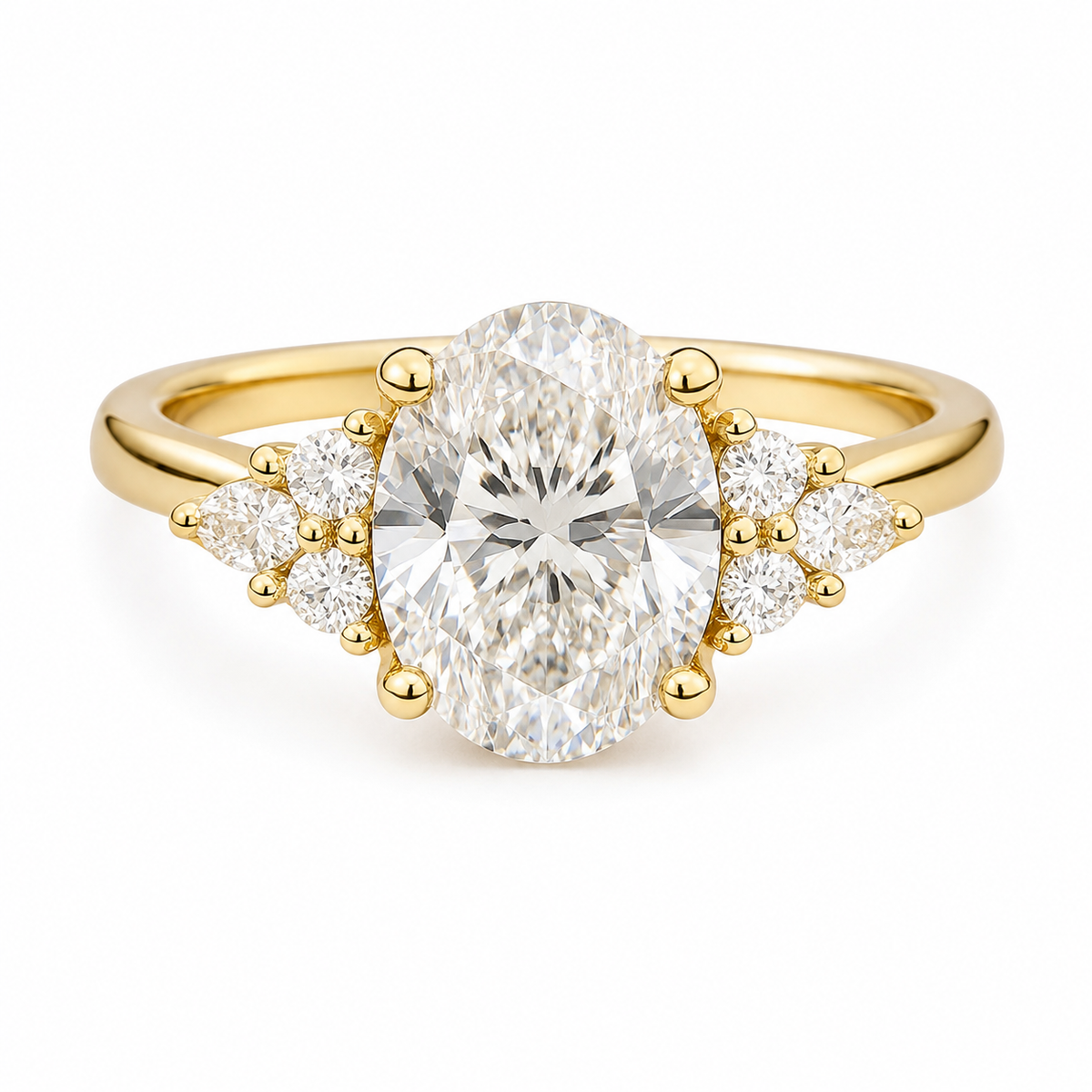 Yellow gold ring featuring a large oval-cut center diamond surrounded by smaller diamonds on the band