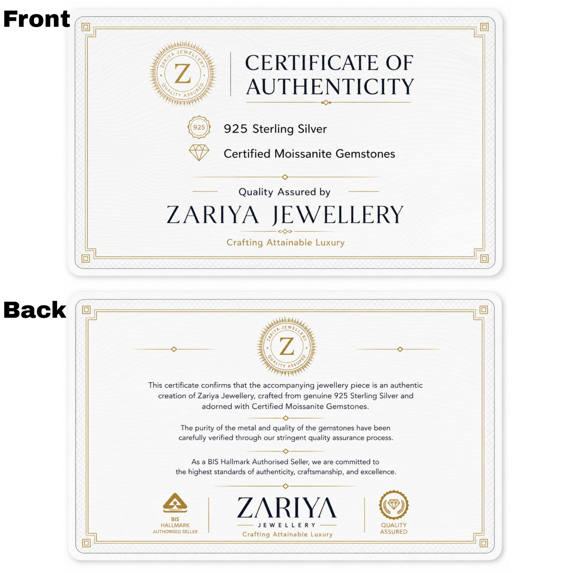 Zariya Jewellery certificate of authenticity with branding and product details