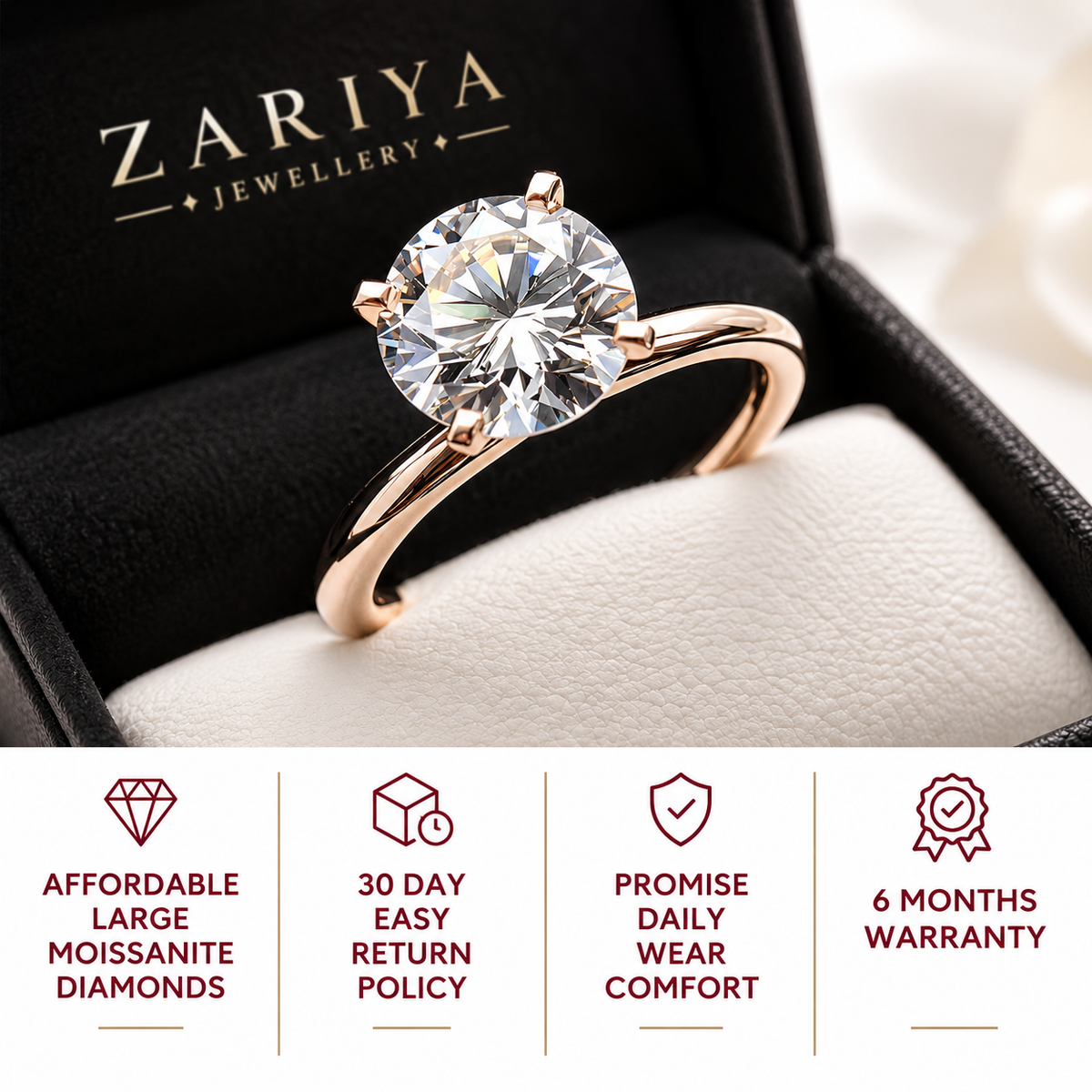 A rose gold solitaire ring with a large round brilliant-cut clear gemstone displayed inside a black Zariya Jewellery gift box. The bottom of the image features a white banner with four red text icons highlighting product features: 'AFFORDABLE LARGE MOissanITE DIAMONDS', '30 DAY EASY RETURN POLICY', 'PROMISE DAILY WEAR COMFORT', and '6 MONTHS WARRANTY'.