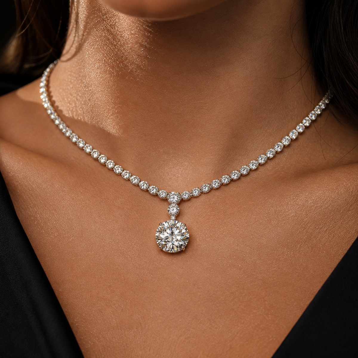 diamond necklace worn on a model's neck, featuring a silver-toned tennis chain and a prominent round-cut diamond pendant