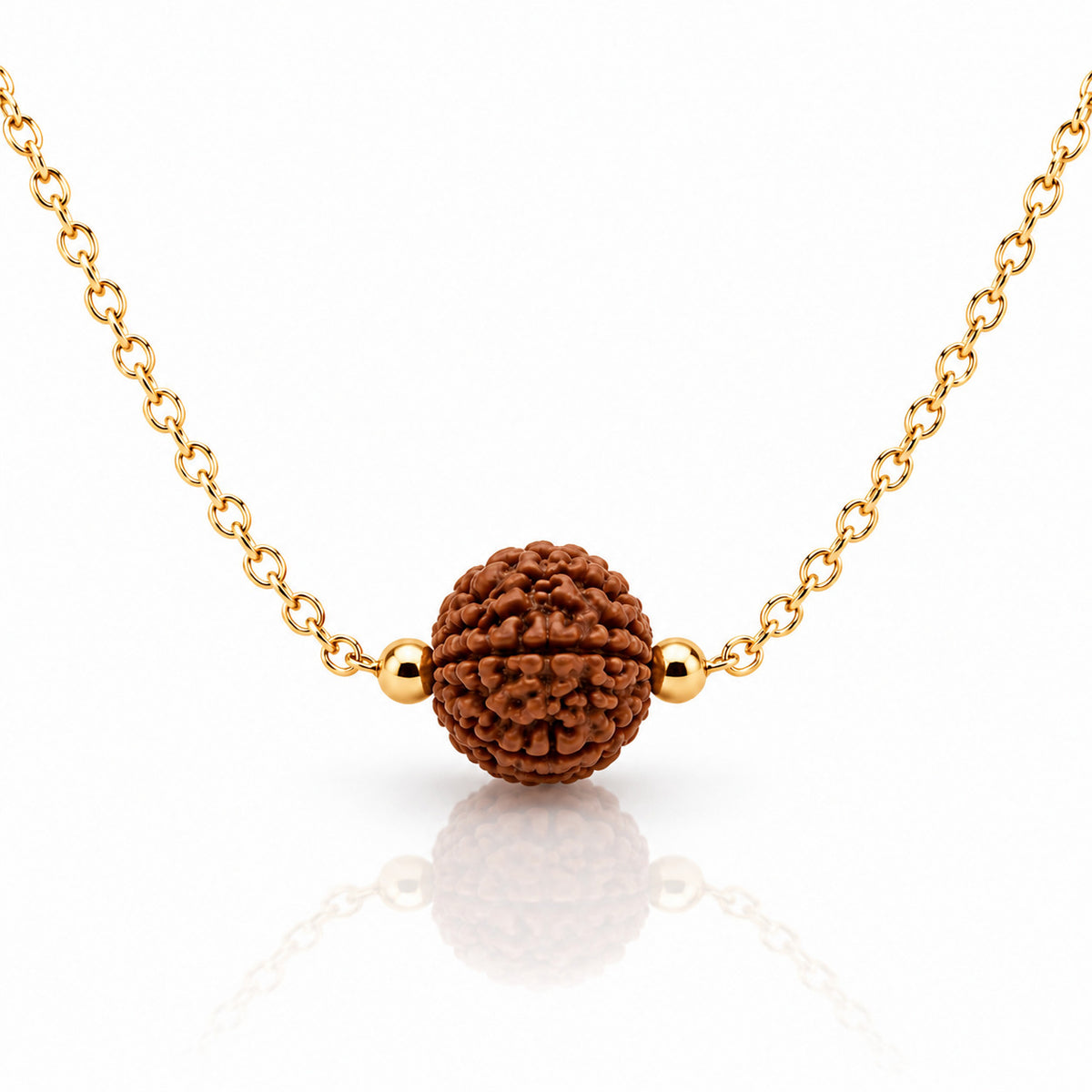 gold chain necklace featuring a central brown textured rudraksha bead pendant