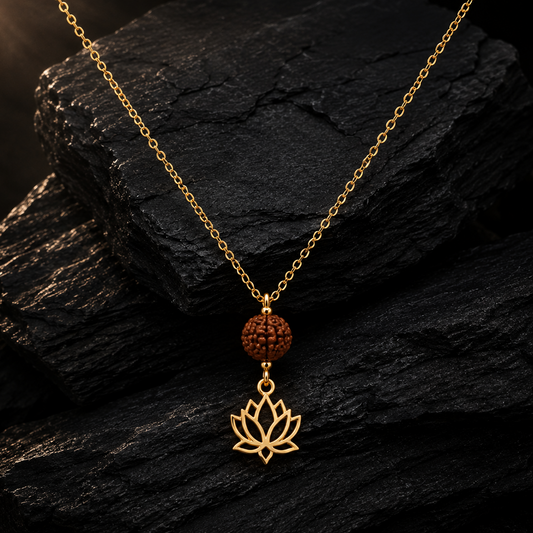 gold chain necklace with a textured brown bead rudraksha and a gold lotus pendant
