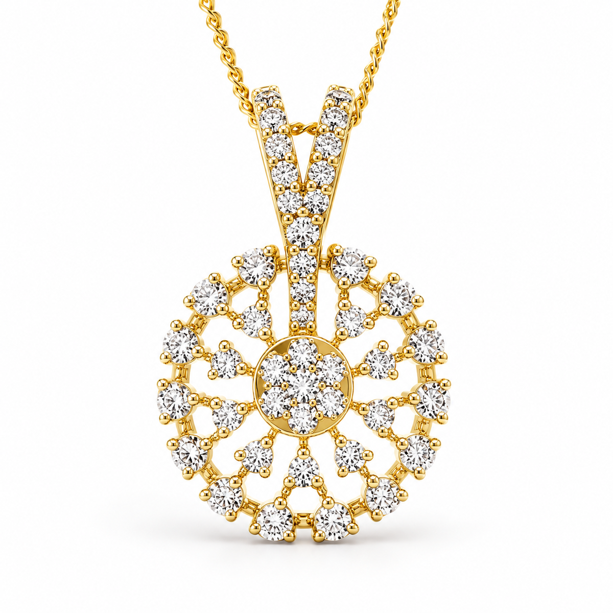A yellow gold pendant necklace featuring a circular sunburst design paved with clear round-cut gemstones, suspended from a matching gold chain