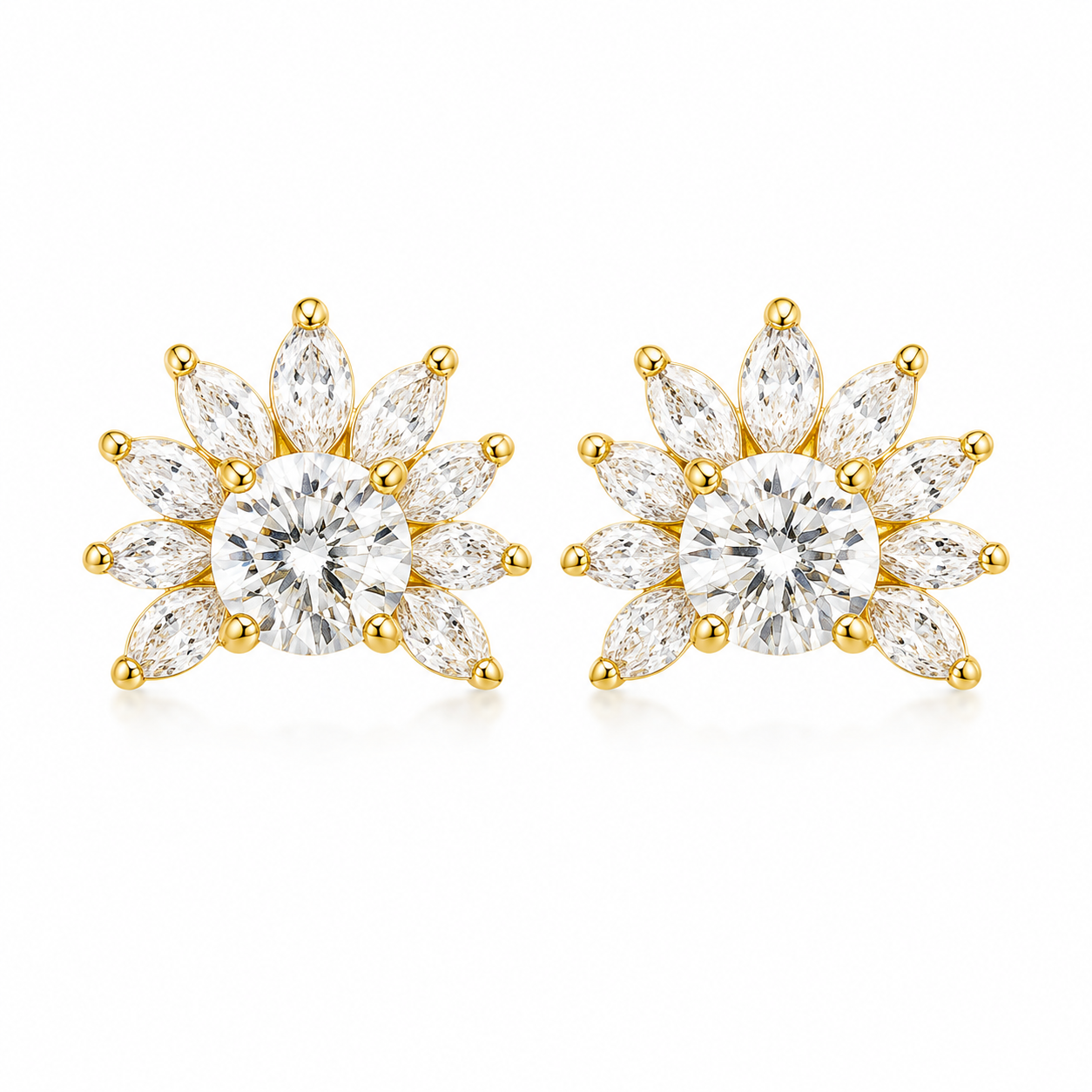 A pair of gold flower-shaped stud earrings with marquise-cut clear stones, shown on a plain white background.
