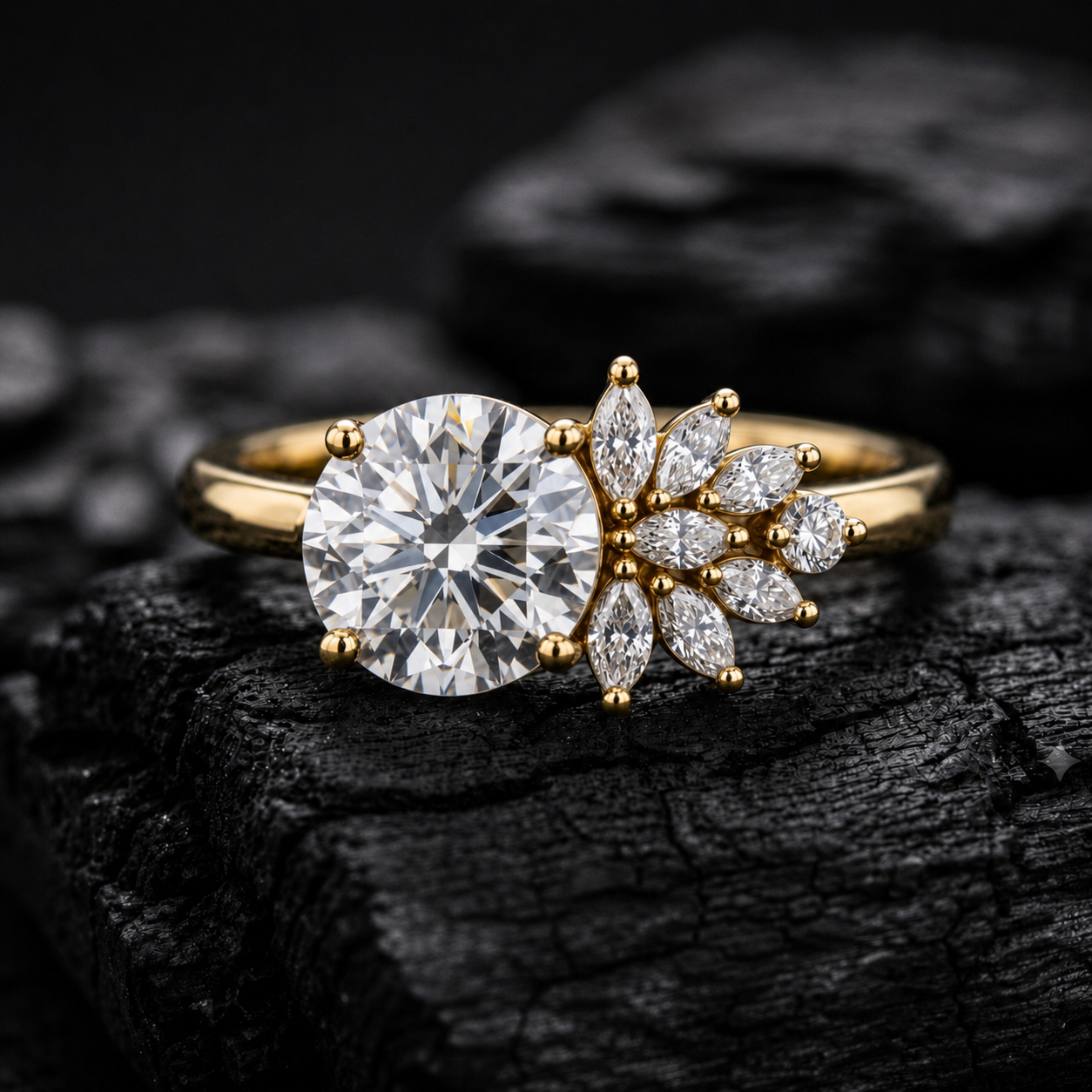 A yellow gold ring featuring a large round brilliant-cut center stone and a leaf-shaped cluster of smaller clear stones, displayed on a dark textured surface.