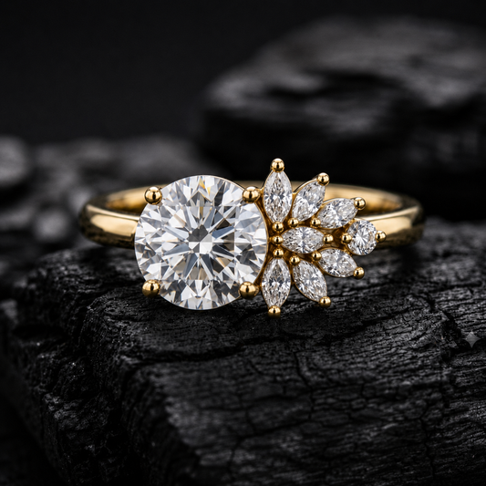 A yellow gold ring featuring a large round brilliant-cut center stone and a leaf-shaped cluster of smaller clear stones, displayed on a dark textured surface.