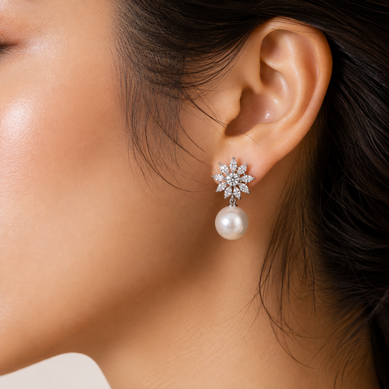 Pearl Moissanite Diamond 925 Sterling Silver Statement Stud Earrings | Zariya Jewellery
