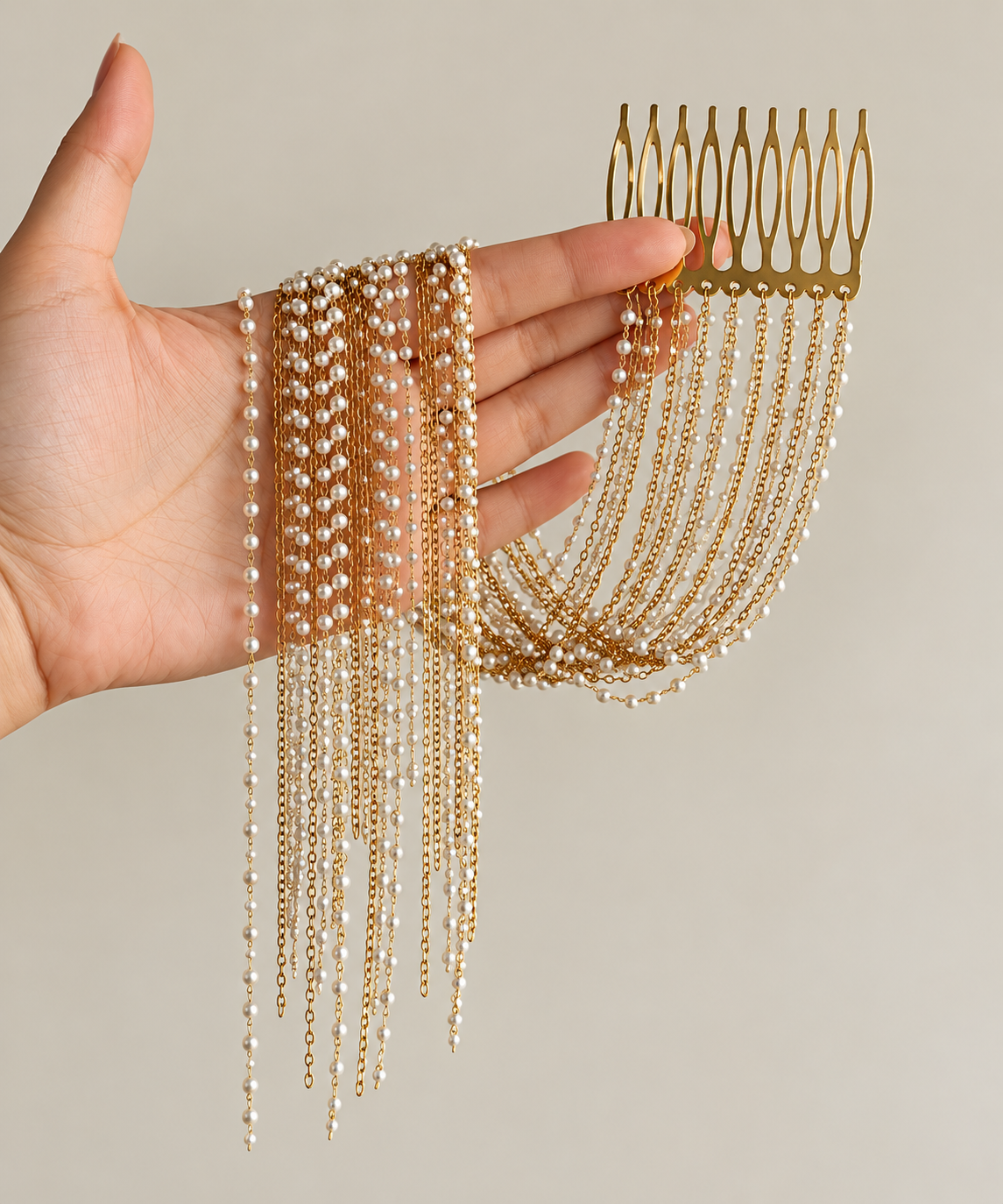 Pearl Chain Hair Comb with Gold Chains – Luxury Bridal Hair Accessory | Zariya Jewellery