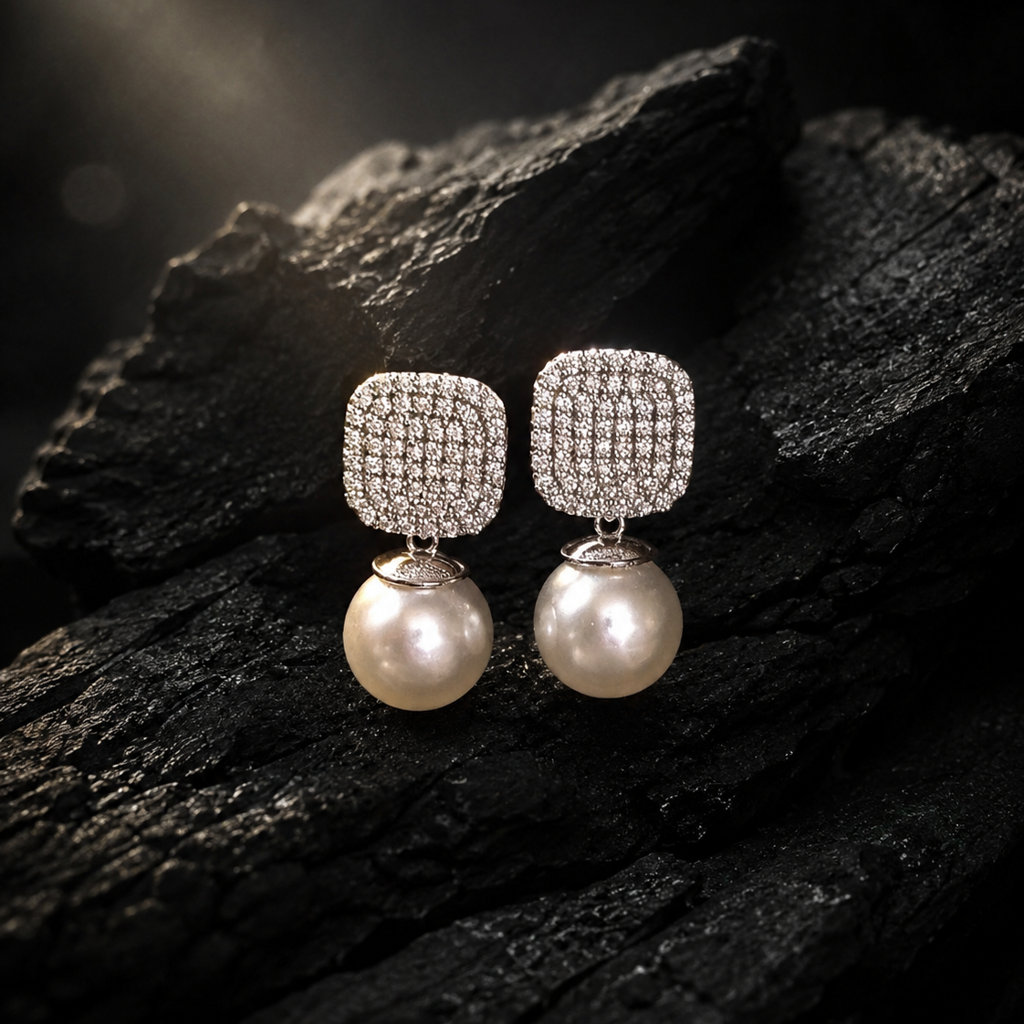 silver-toned drop earrings with square pavé crystal tops and round pearl drops
