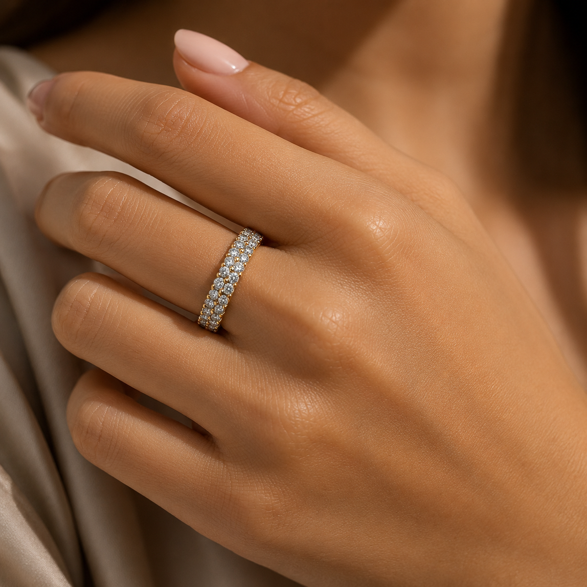 slim diamond eternity ring on a silver-toned band
